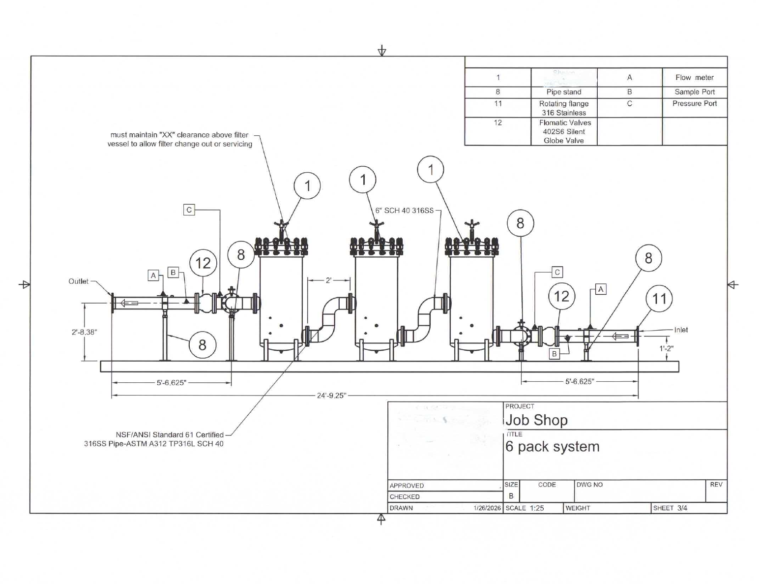 Side elevation: filter-vessel clearance and valve layout